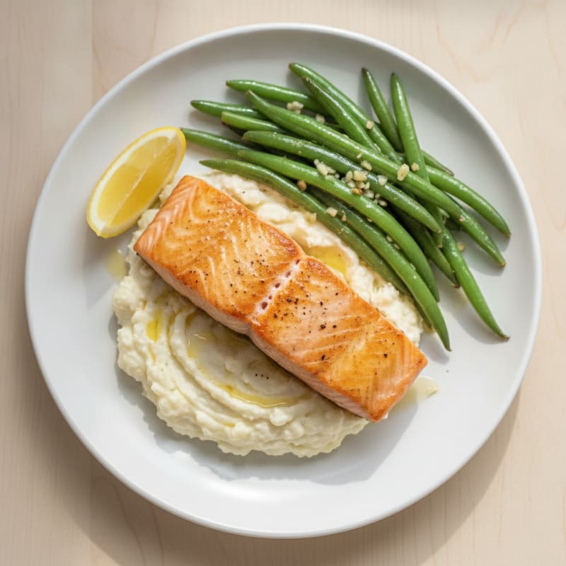 Seared Salmon with Garlic Green Beans and Mashed Cauliflower