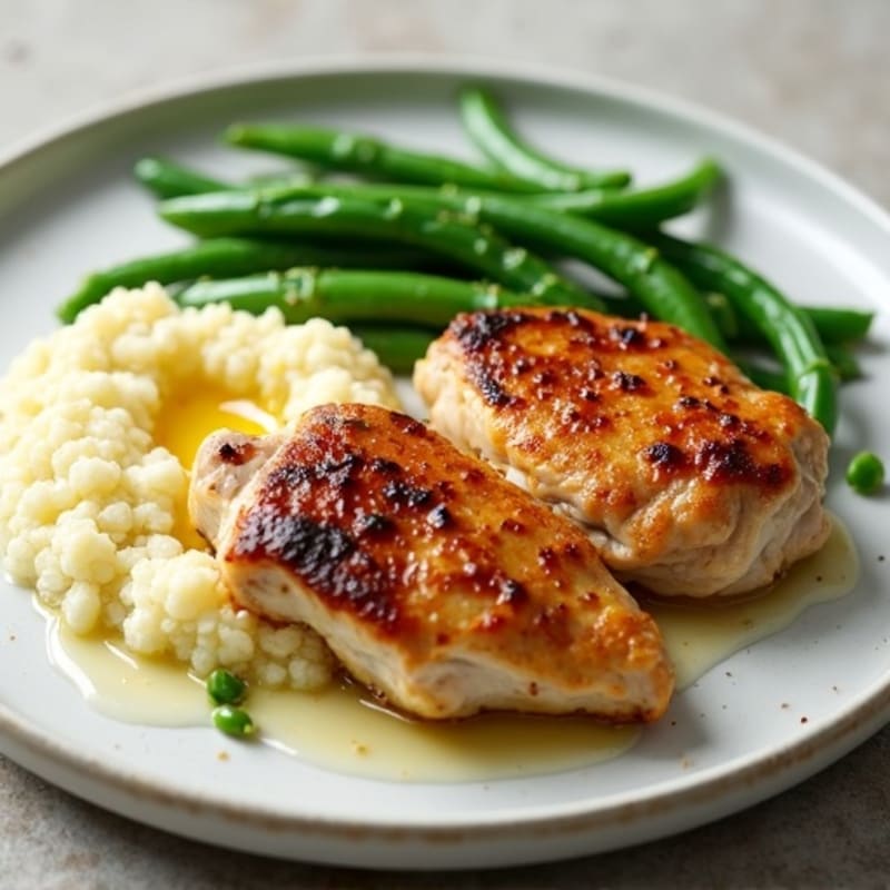 Baked Chicken Thighs with Steamed Green Beans and Cauliflower Mash