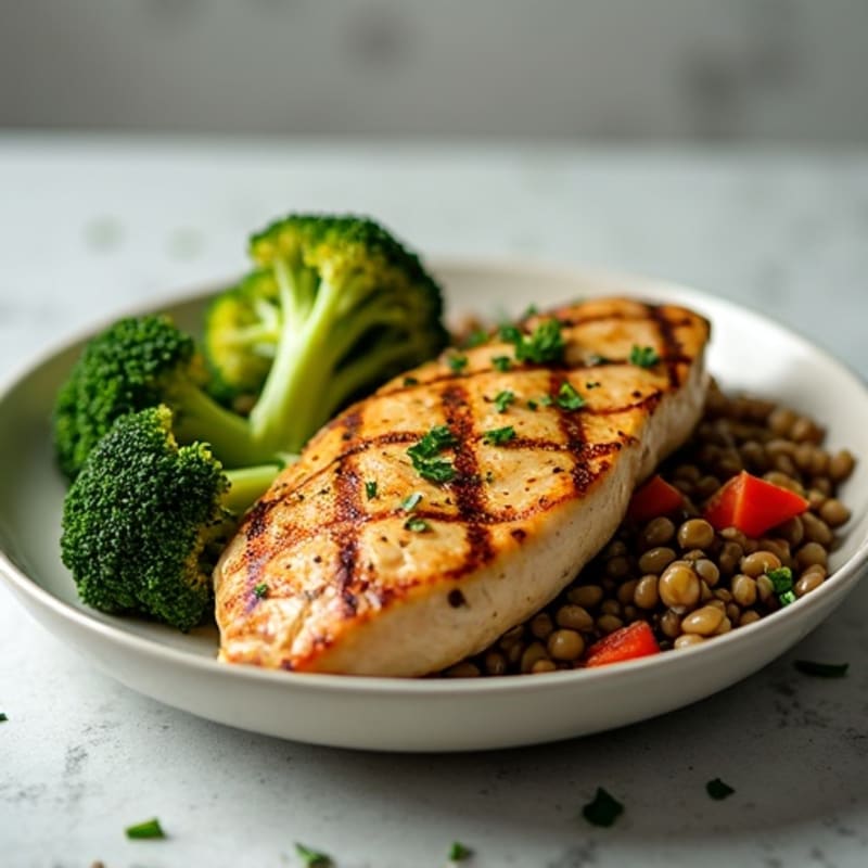 Grilled Chicken Breast with Roasted Broccoli and Lentil Salad