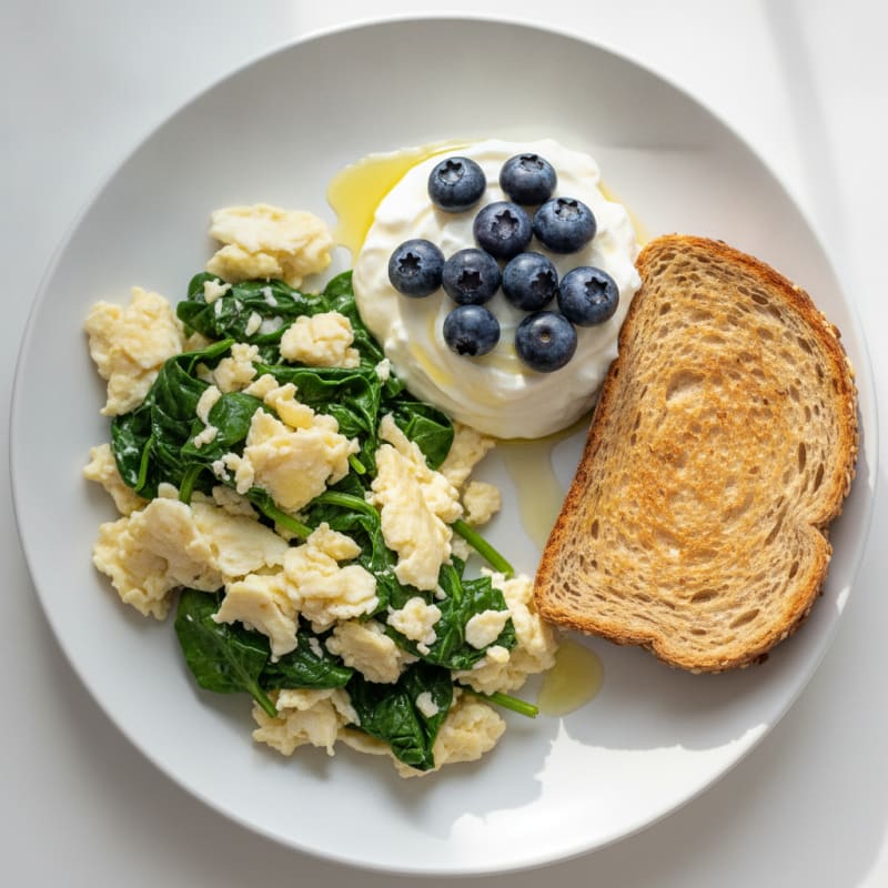 Egg White Spinach Scramble with Greek Yogurt and Berries