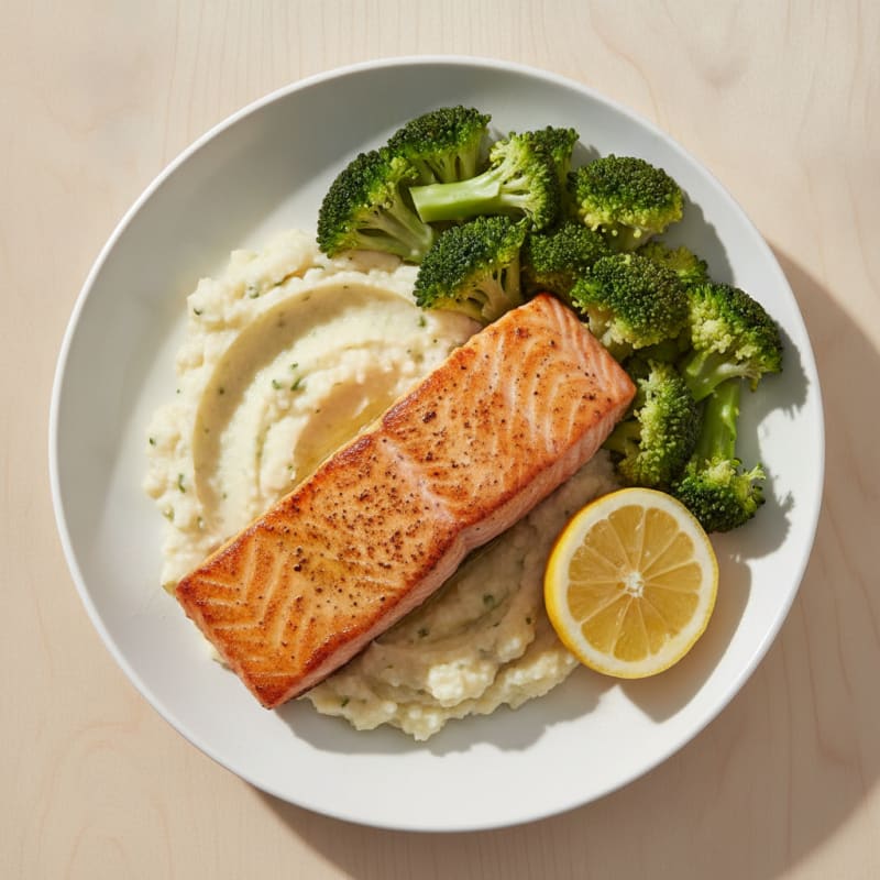 Seared Salmon with Steamed Broccoli and Cauliflower Mash