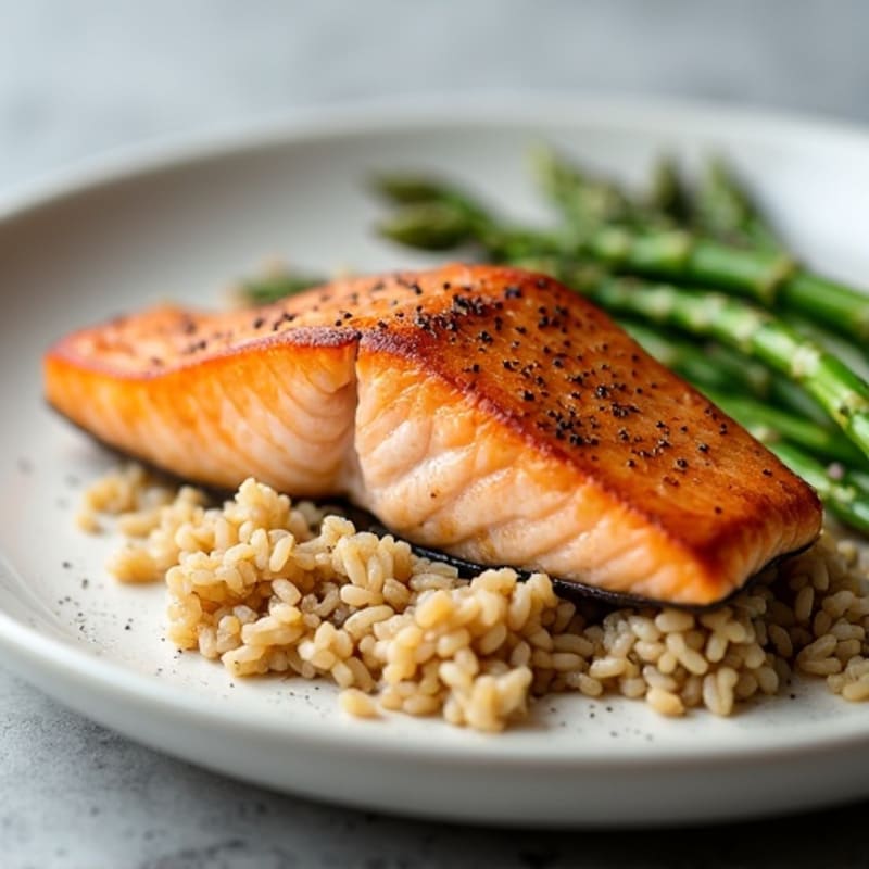 Seared Salmon Fillet with Steamed Asparagus and Brown Rice