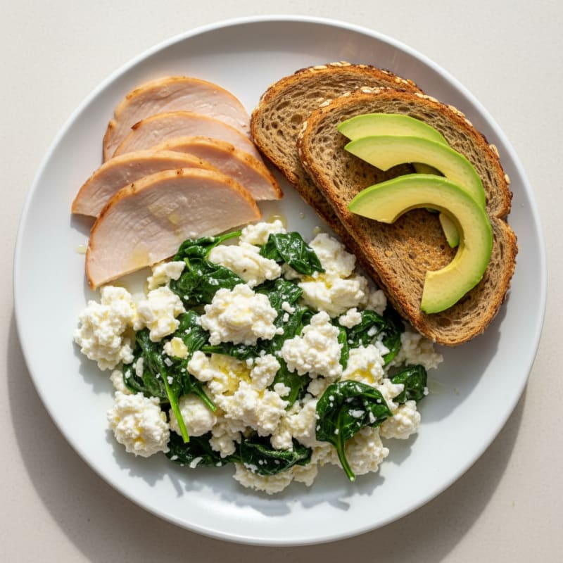 Egg White Spinach Scramble with Cottage Cheese and Sliced Turkey