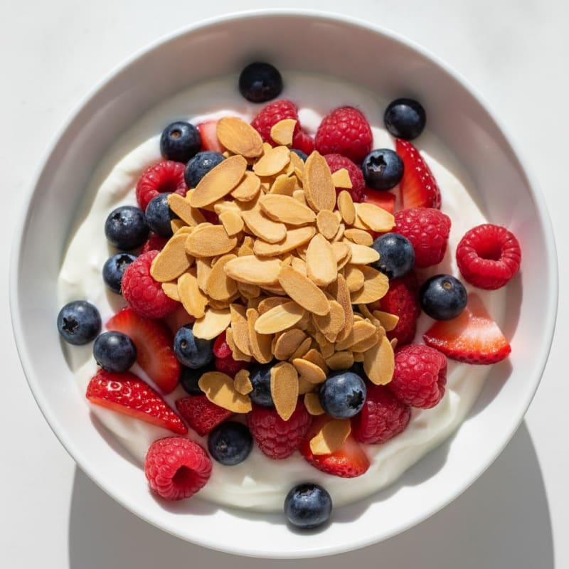 Greek Yogurt Protein Parfait with Mixed Berries and Almonds