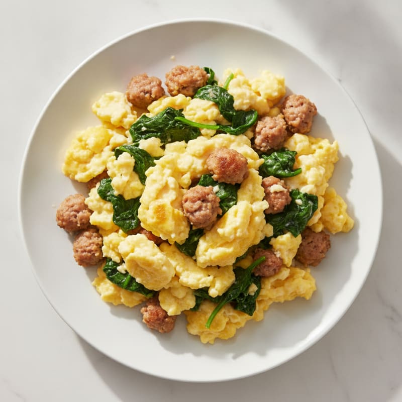 Scrambled Eggs with Turkey Sausage and Sautéed Spinach