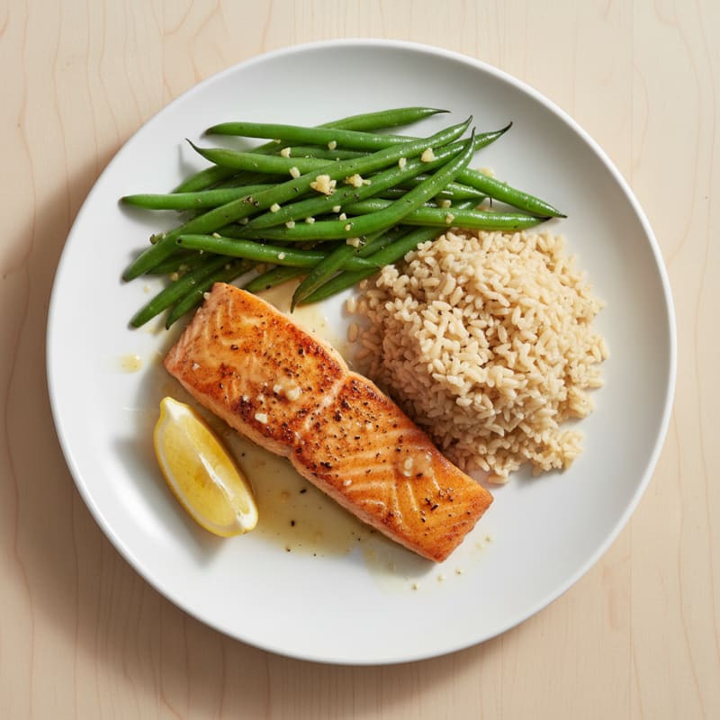 Seared Salmon with Garlic Green Beans and Brown Rice