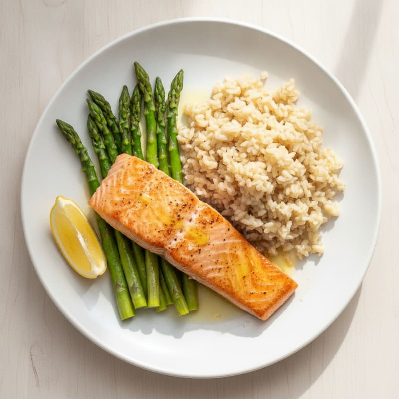 Seared Salmon with Steamed Asparagus and Brown Rice