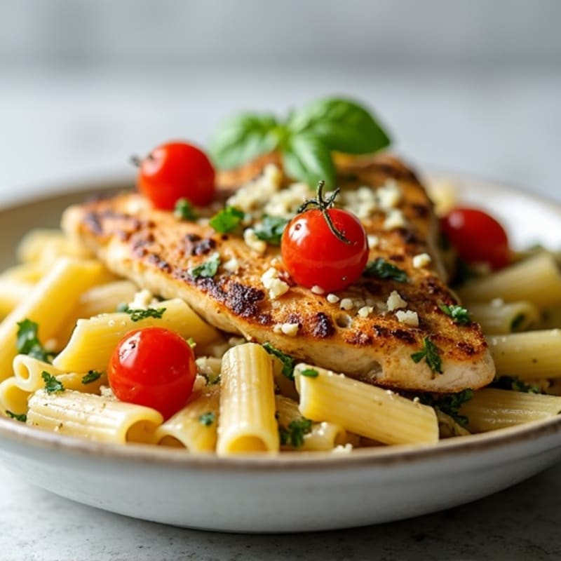 Creamy Pesto Chicken Pasta with Roasted Cherry Tomatoes