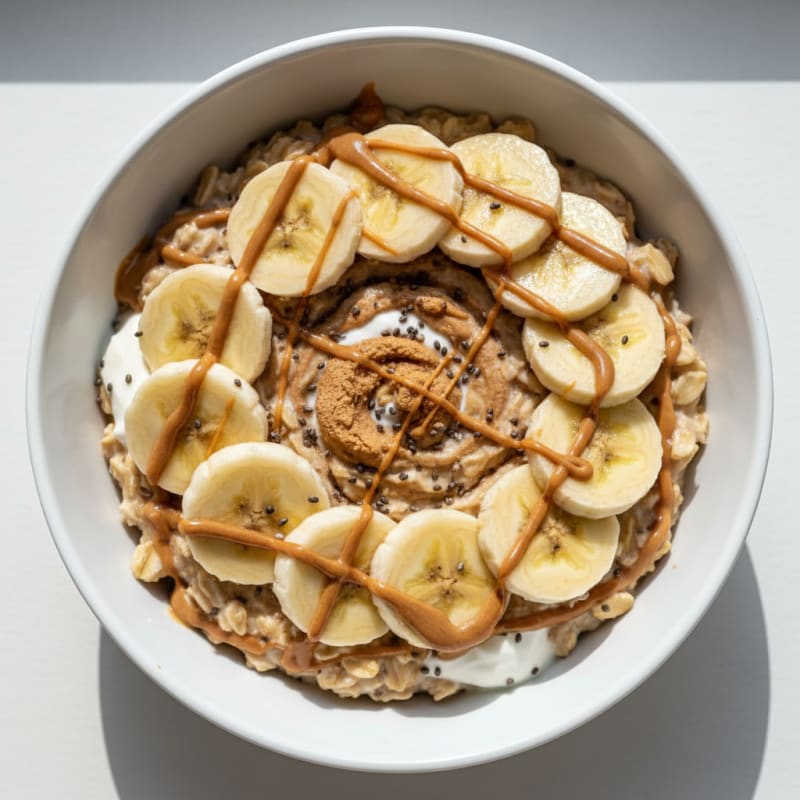 Overnight Oats with Greek Yogurt, Sliced Banana, and PB2