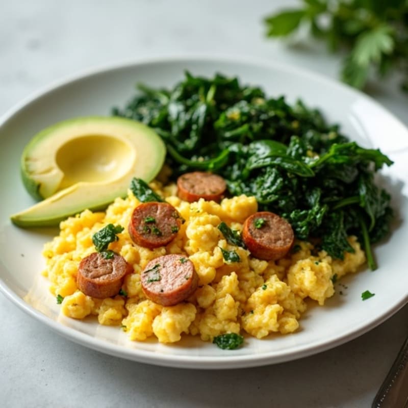 Egg White and Turkey Sausage Scramble with Sautéed Spinach