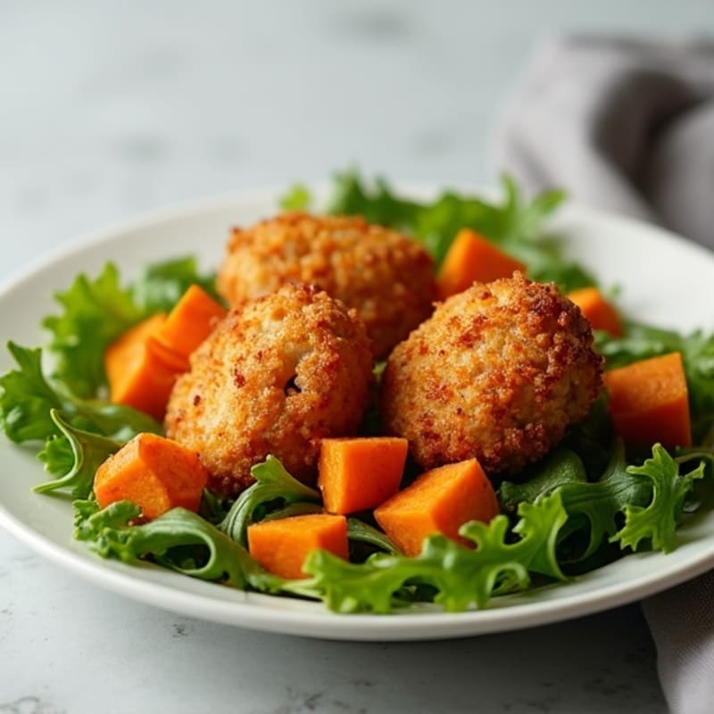 Crispy Chicken Bites with Roasted Sweet Potato and Fresh Greens