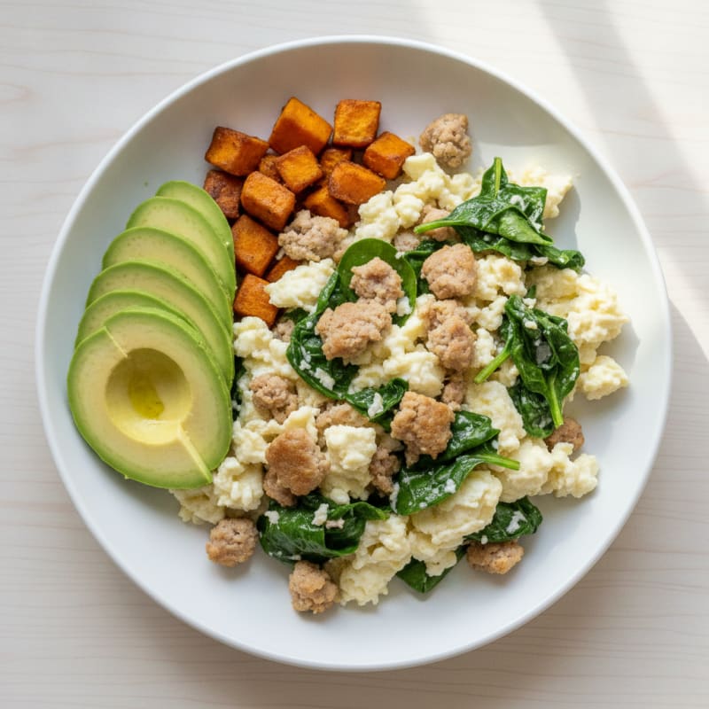 Egg White Scramble with Turkey Sausage and Sautéed Spinach