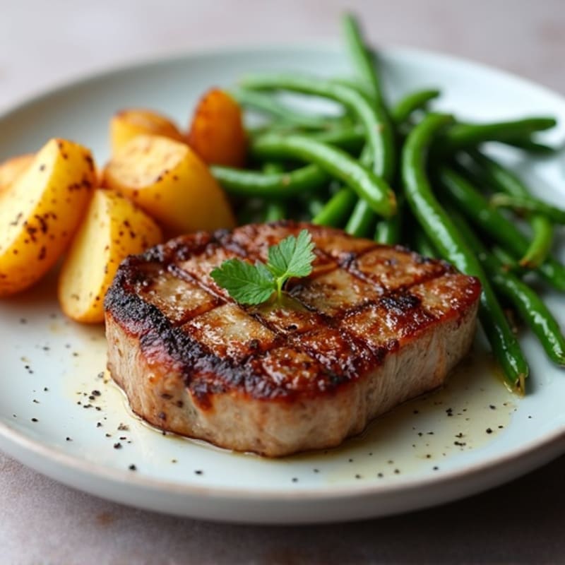 Pan-Seared Steak with Garlic Butter Roasted Potatoes and Crispy Green Beans