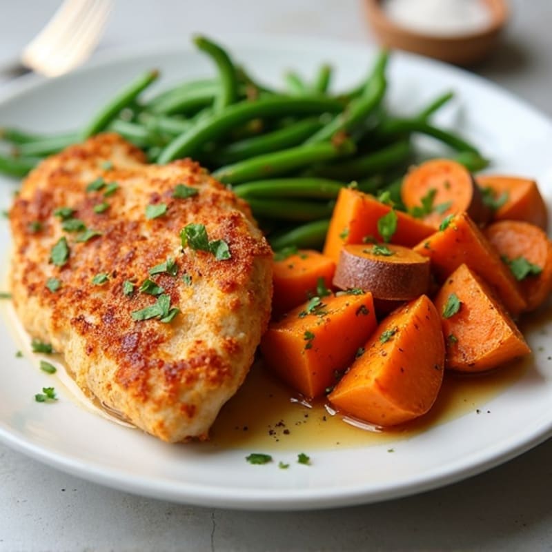 Crispy Baked Chicken with Roasted Sweet Potatoes and Green Beans