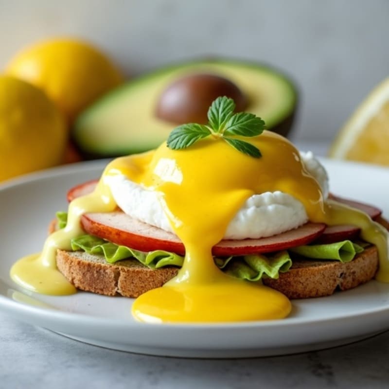 Poached Eggs with Avocado Hollandaise on Turkey