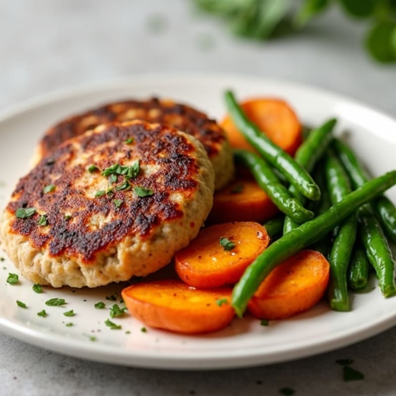 Seared Turkey Patties with Roasted Sweet Potatoes and Green Beans