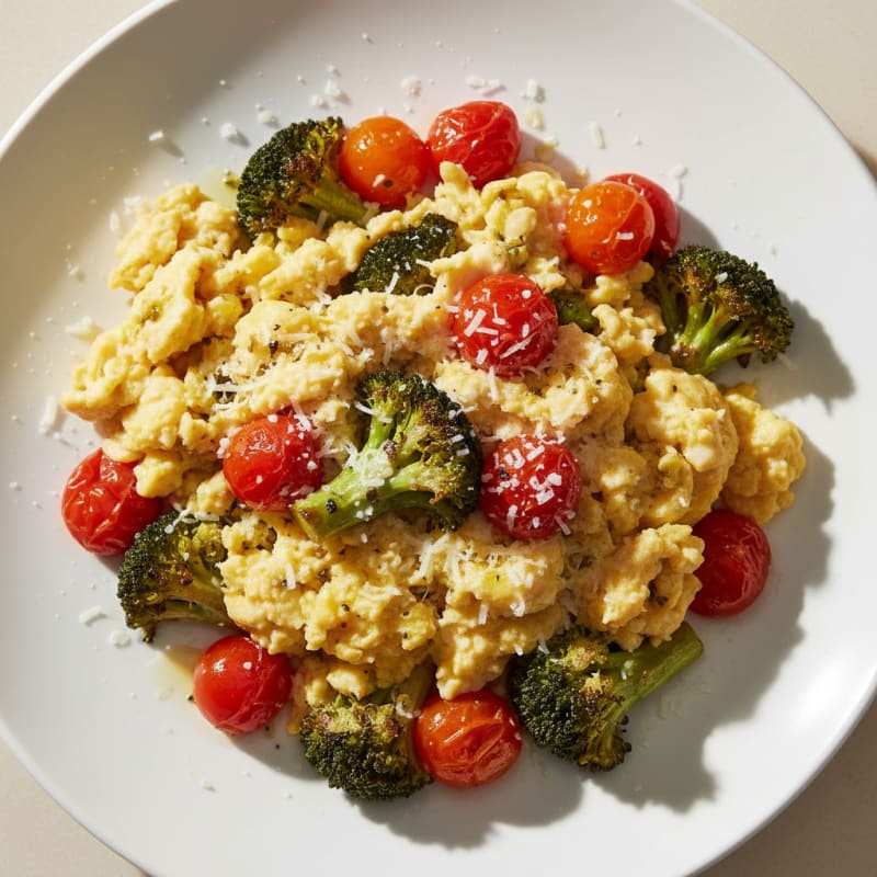 Scrambled Eggs with Roasted Broccoli and Cherry Tomatoes