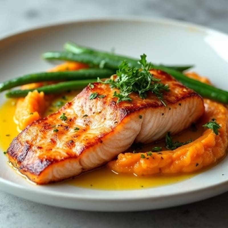 Seared Salmon with Steamed Green Beans and Sweet Potato Mash