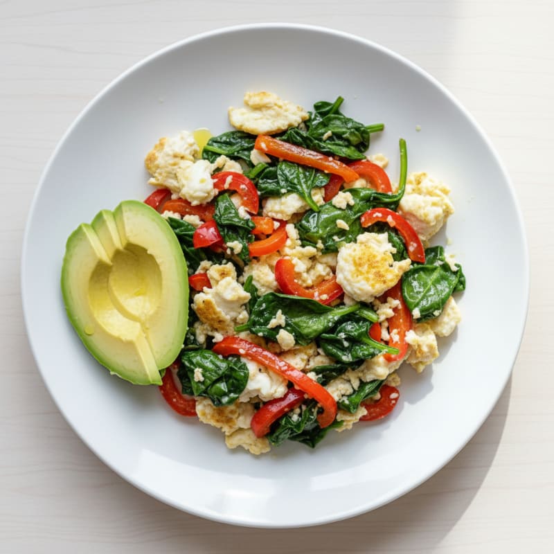 Egg White Veggie Scramble with Sautéed Spinach