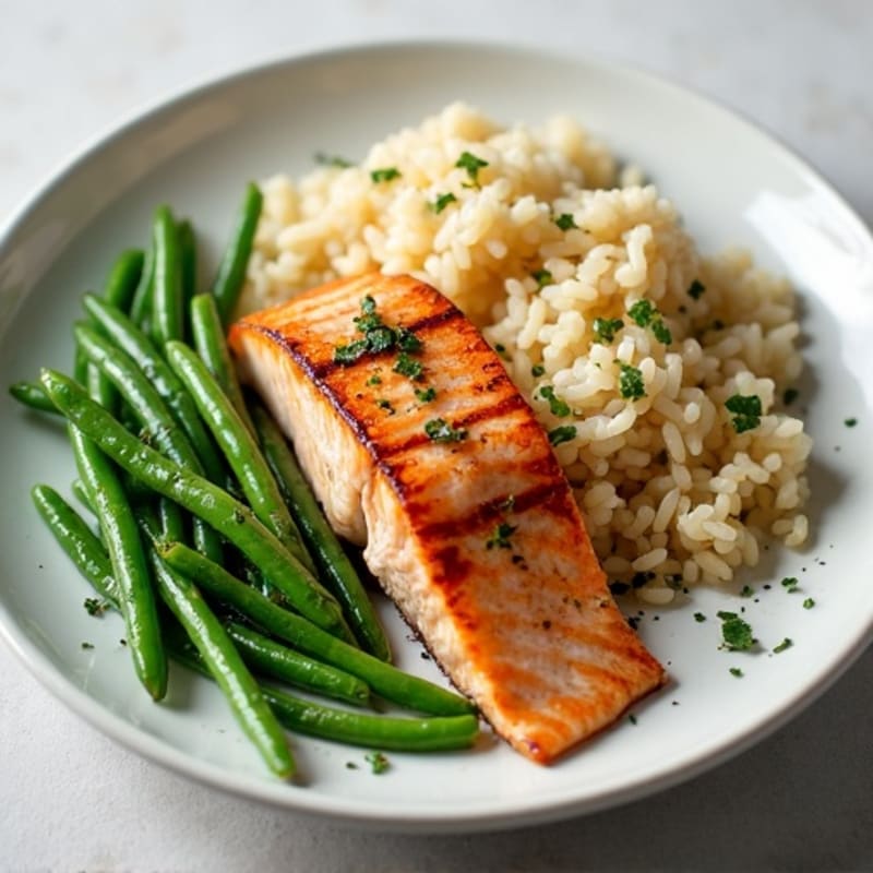 Seared Salmon Fillet with Garlic Green Beans and Brown Rice