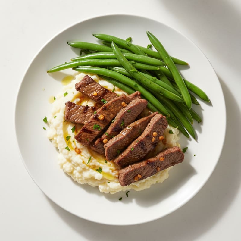 Seared Lean Beef Strips with Steamed Green Beans and Cauliflower Mash