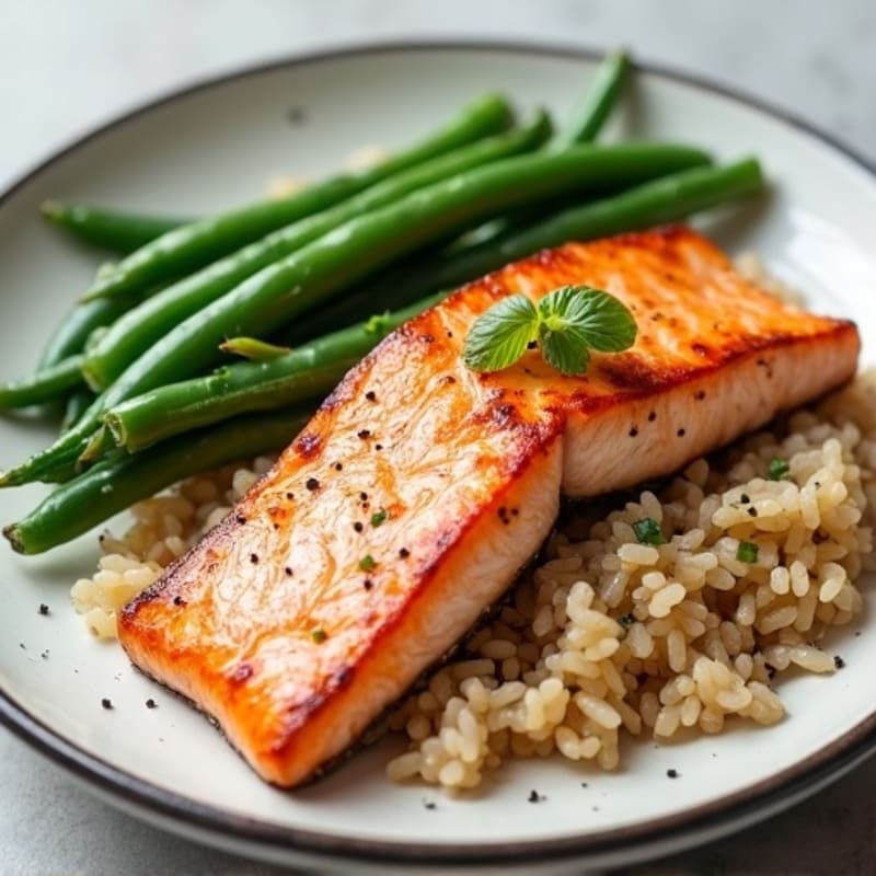 Seared Salmon with Steamed Green Beans and Brown Rice