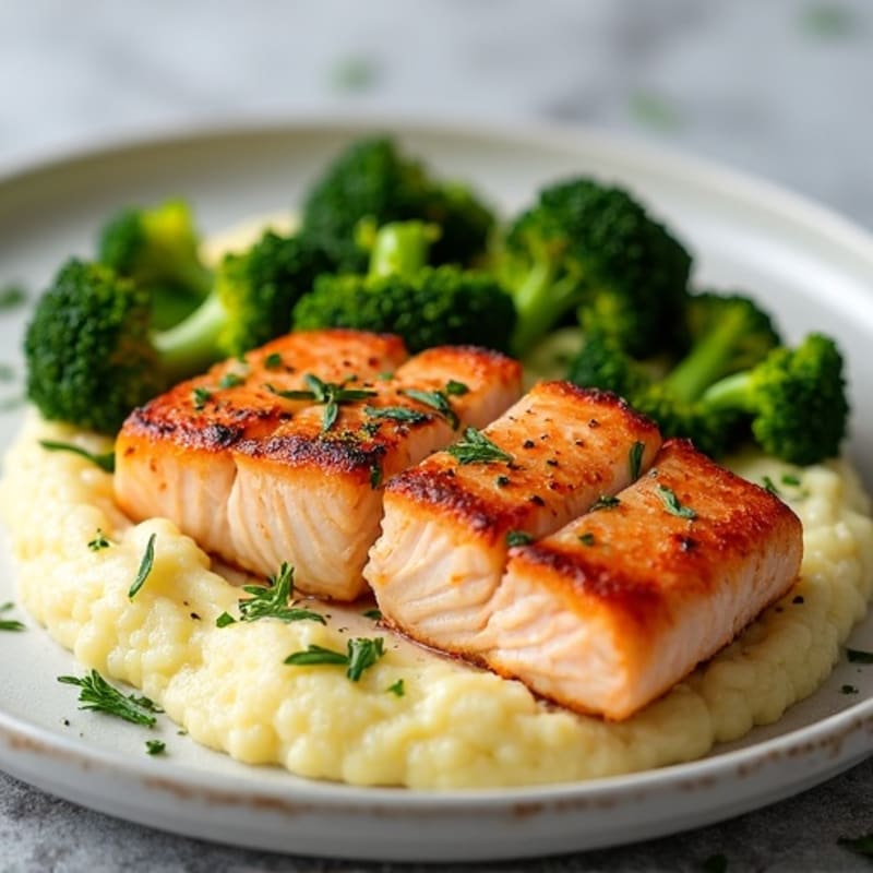 Seared Salmon with Roasted Broccoli and Garlic Mash