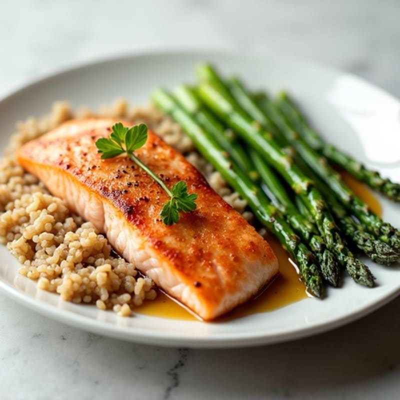 Seared Salmon with Steamed Asparagus and Brown Rice