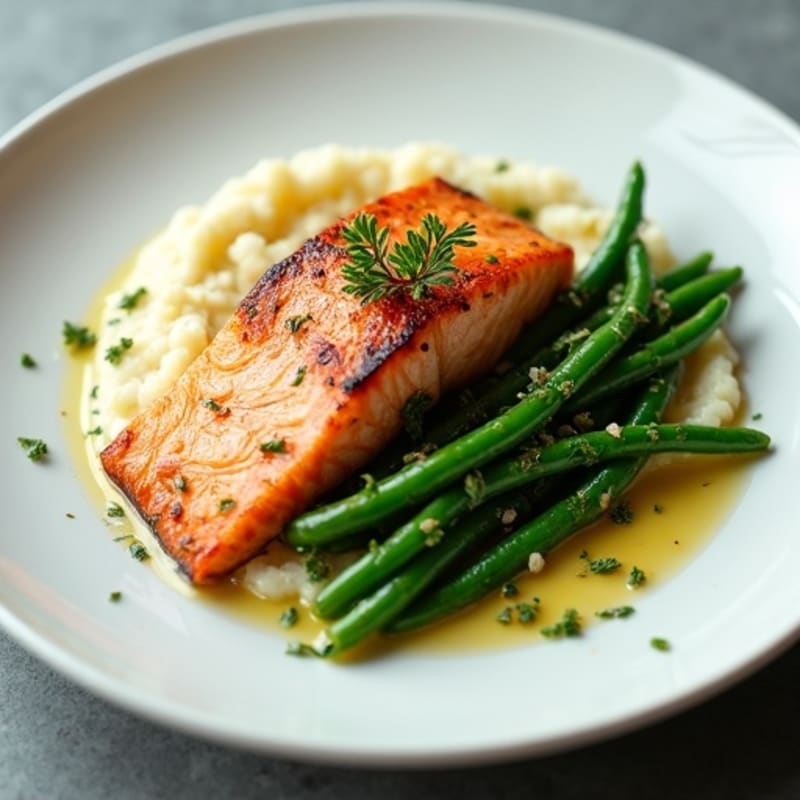 Seared Salmon with Steamed Green Beans and Garlic Cauliflower Mash