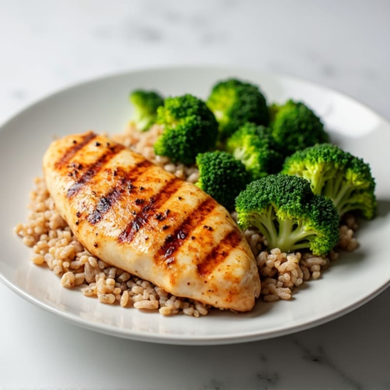 Grilled Chicken Breast with Steamed Broccoli and Brown Rice