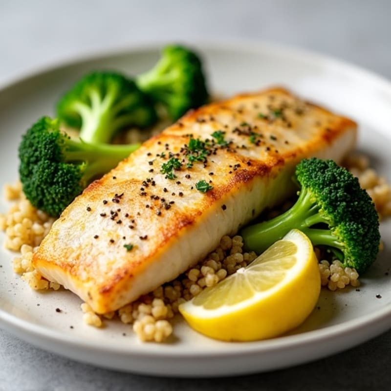 Pan Seared Cod with Steamed Broccoli and Quinoa