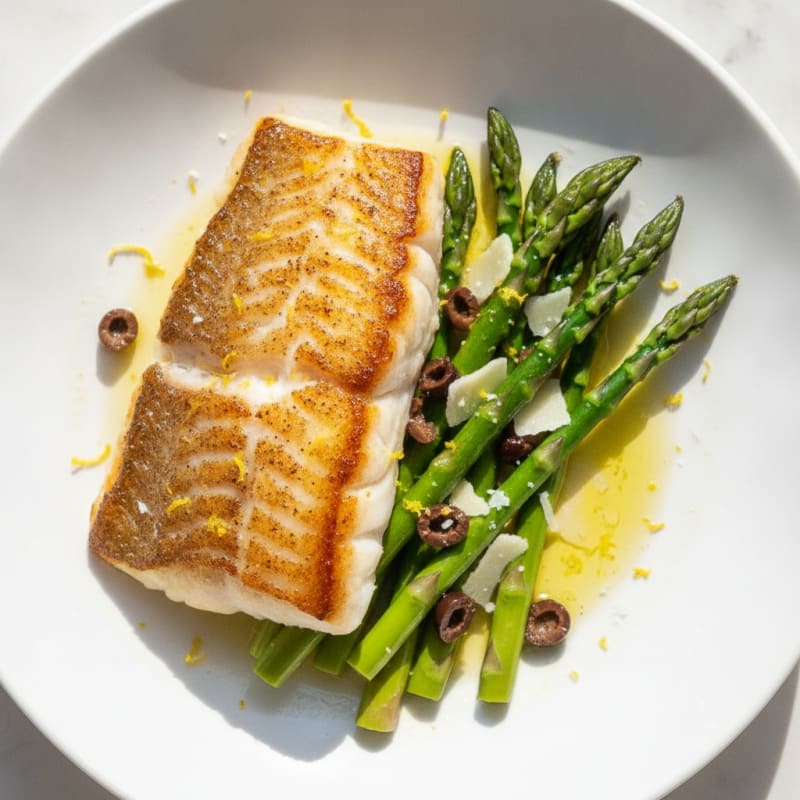 Seared Cod with Steamed Asparagus and Lemon Zest