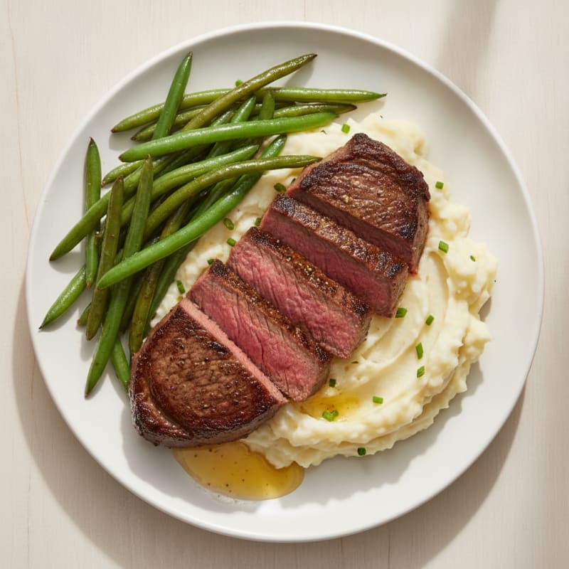 Seared Sirloin Steak with Garlic Mashed Potatoes and Sautéed Green Beans