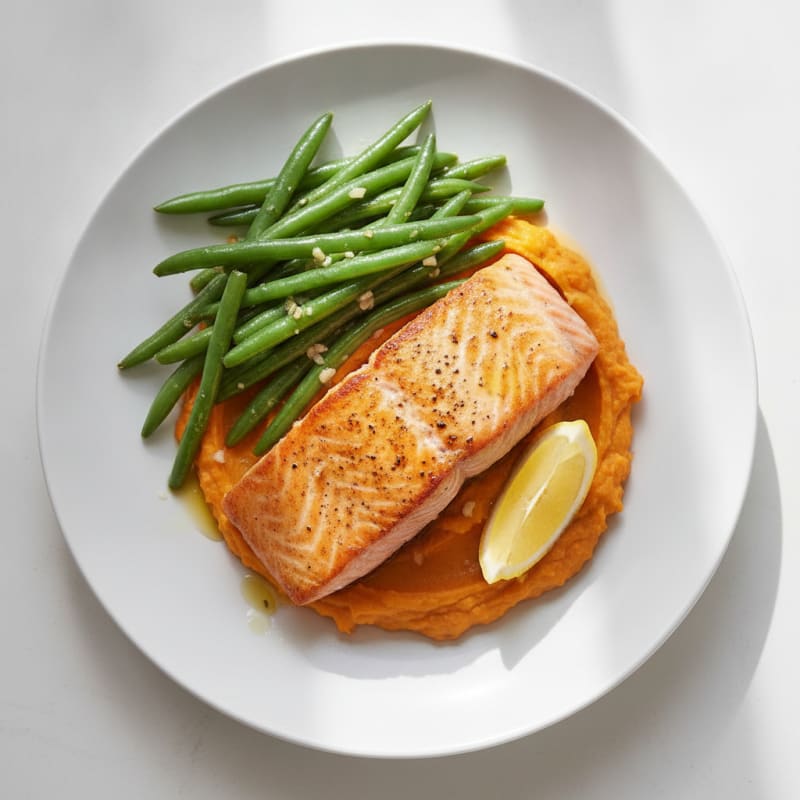 Seared Salmon with Garlic Green Beans and Sweet Potato Mash
