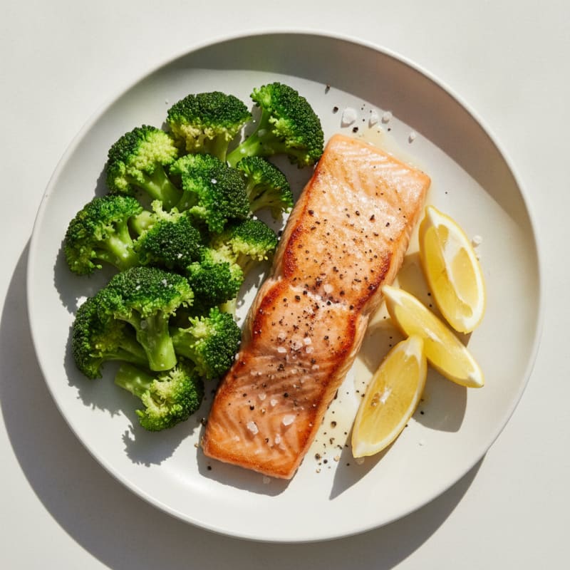 Seared Salmon Fillet with Steamed Broccoli and Lemon