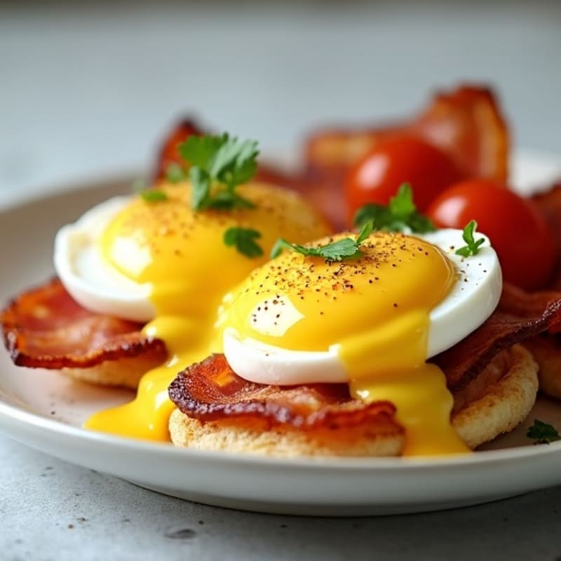 Poached Eggs with Crispy Turkey Bacon and Creamy Light Hollandaise