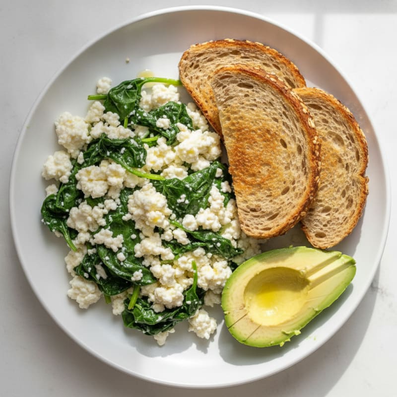 Cottage Cheese Egg White Scramble with Sautéed Spinach
