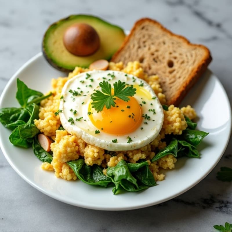 Egg White and Spinach Scramble with Cottage Cheese and Sliced Turkey