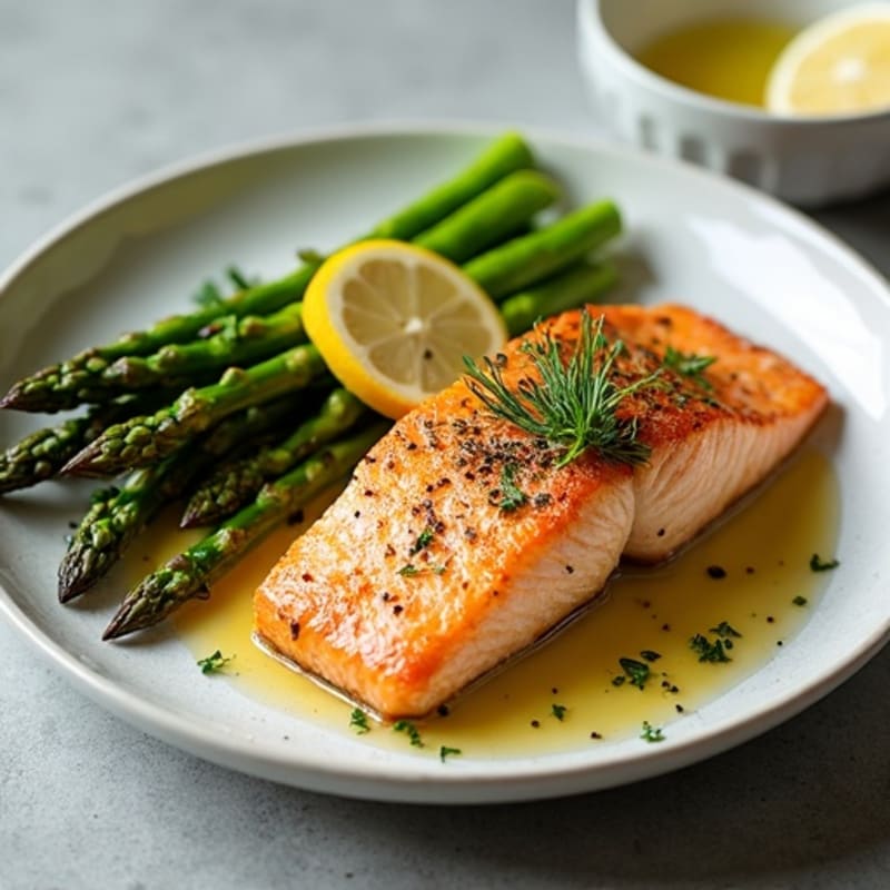 Crispy Pan-Seared Salmon with Lemon-Herb Roasted Asparagus