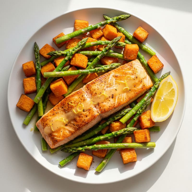 Pan-Seared Salmon with Roasted Sweet Potatoes and Asparagus