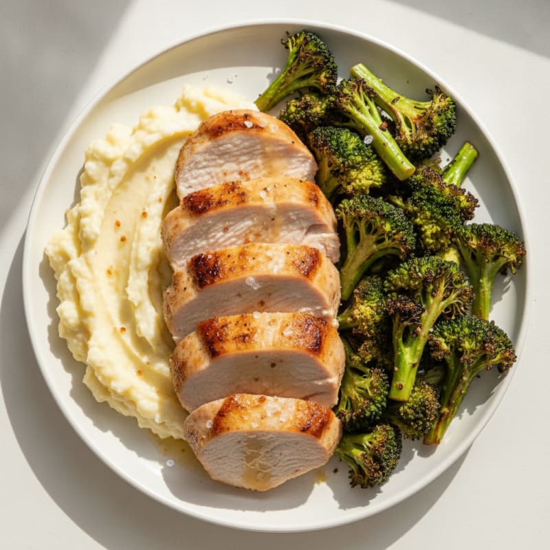 Seared Turkey Breast with Roasted Broccoli and Garlic Mashed Cauliflower