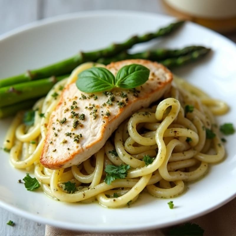 Creamy Pesto Chicken Pasta with Roasted Asparagus