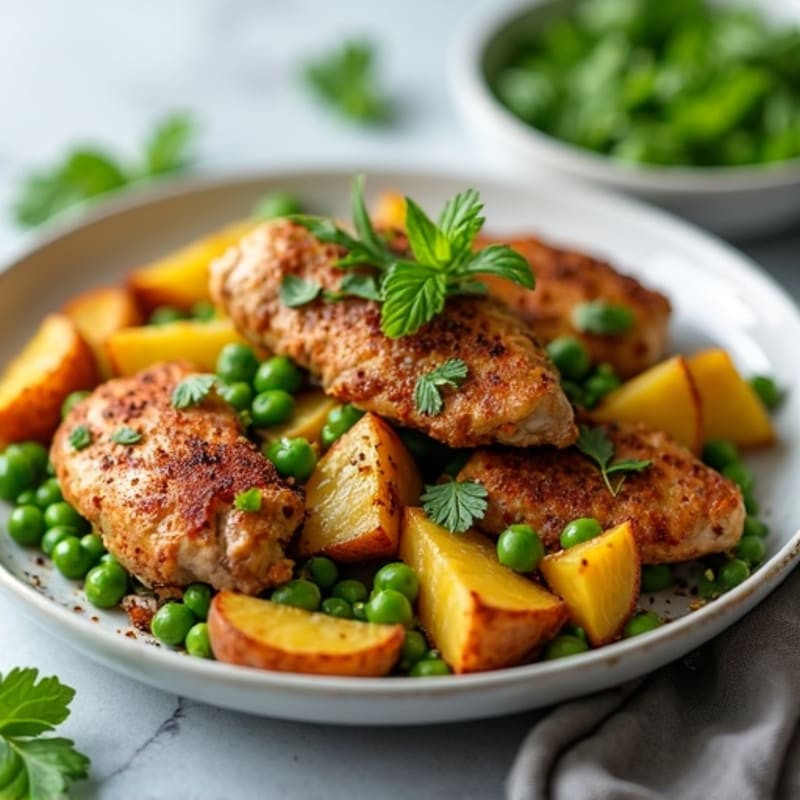 Crispy Spiced Potato & Pea Chicken Skillet with Fresh Mint Chutney