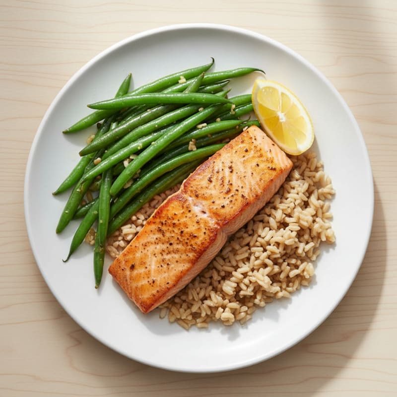 Seared Salmon Fillet with Garlic Green Beans and Brown Rice