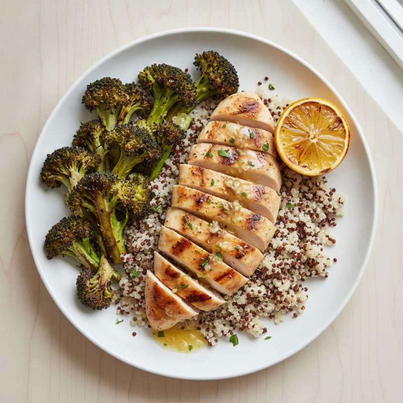 Grilled Lemon-Garlic Chicken Breast with Quinoa and Roasted Broccoli