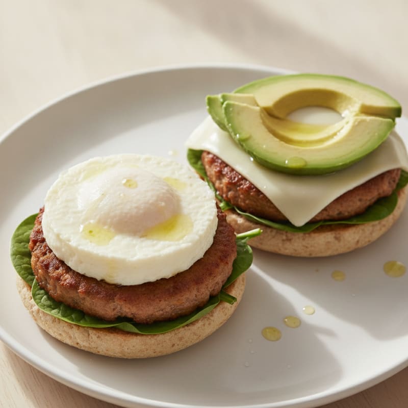 Egg White Breakfast Sandwich with Turkey Sausage and Spinach on Whole Grain English Muffin