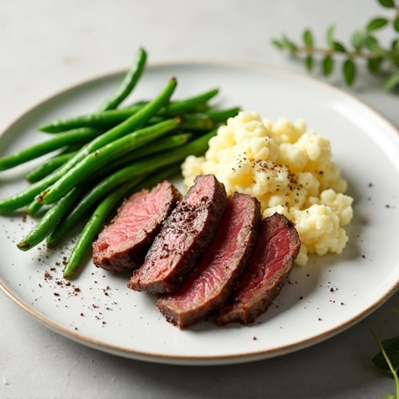Seared Lean Beef Strips with Sautéed Green Beans and Mashed Cauliflower