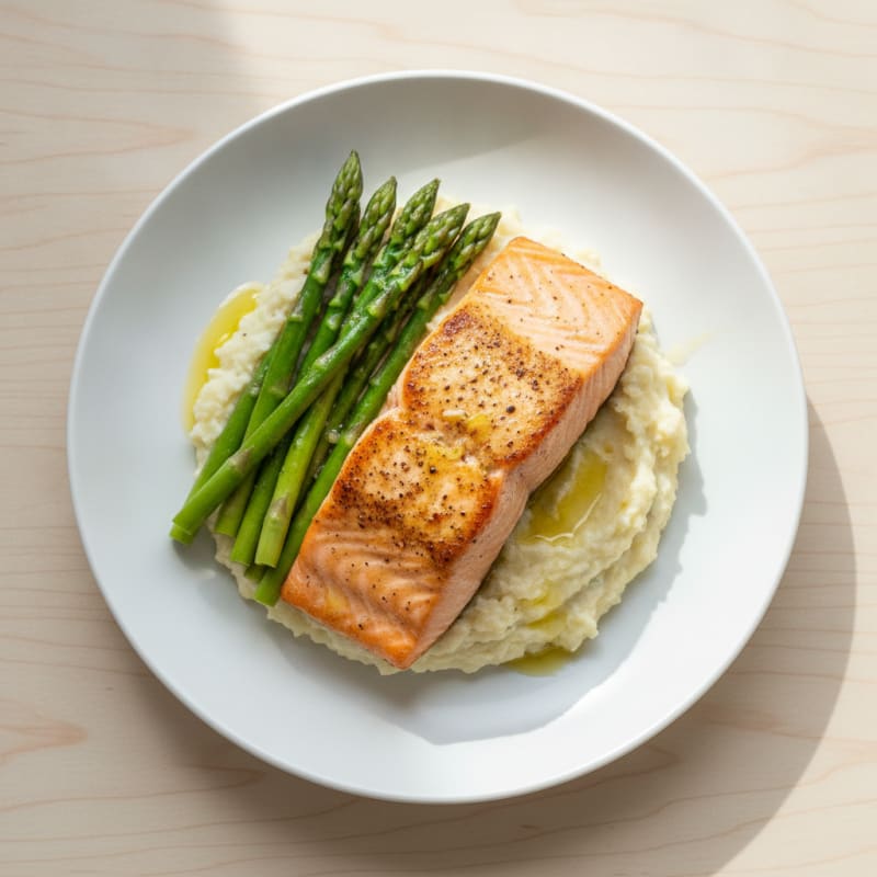 Seared Salmon with Steamed Asparagus and Cauliflower Mash