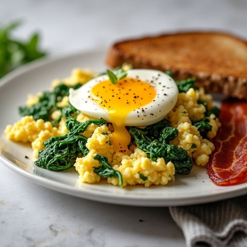 Cottage Cheese and Spinach Egg Scramble with Turkey Bacon