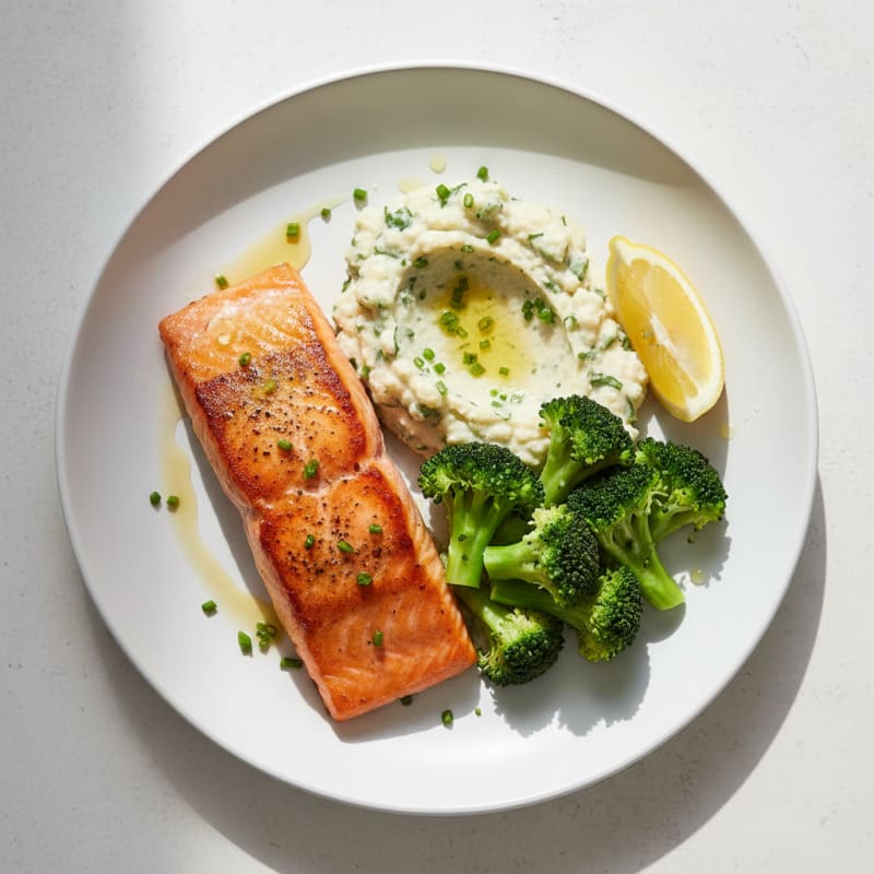 Seared Salmon with Steamed Broccoli and Herbed Cauliflower Mash